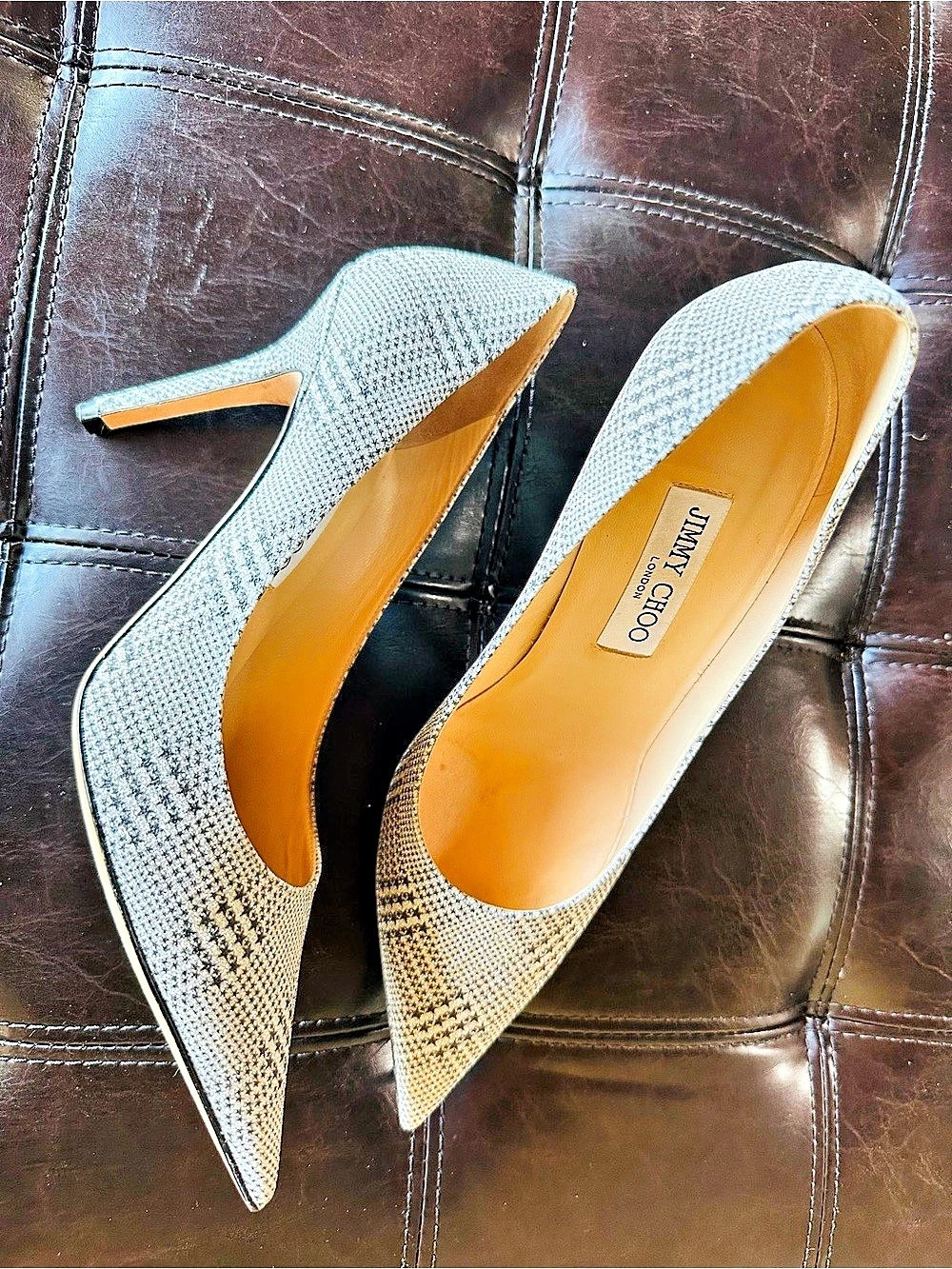 Jimmy Choo Anouk Glen Tweed Pointy Toe Pumps White & Black US 8.5